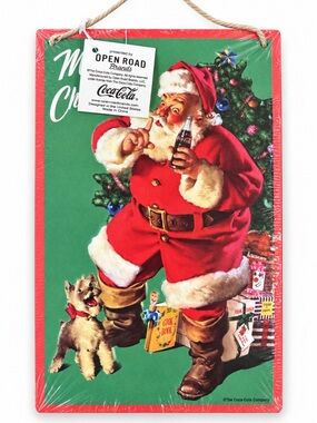 Coca Cola Merry Christmas Santa Dog Wood Wall Sign Open Road Brands NWT